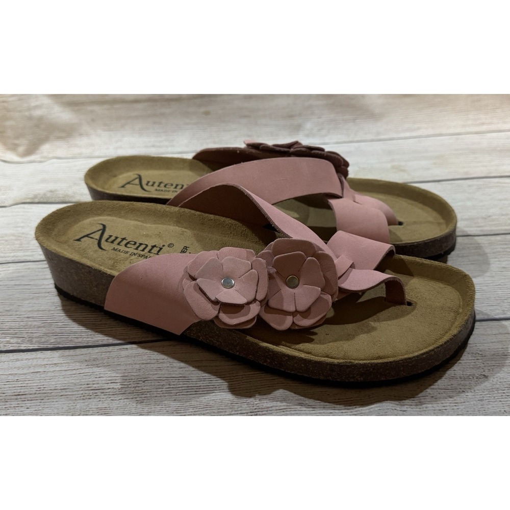 Autenti Women's 9.5 Sz 40 EUR Pink Floral Strap Wedge Leather Slip On Sandals